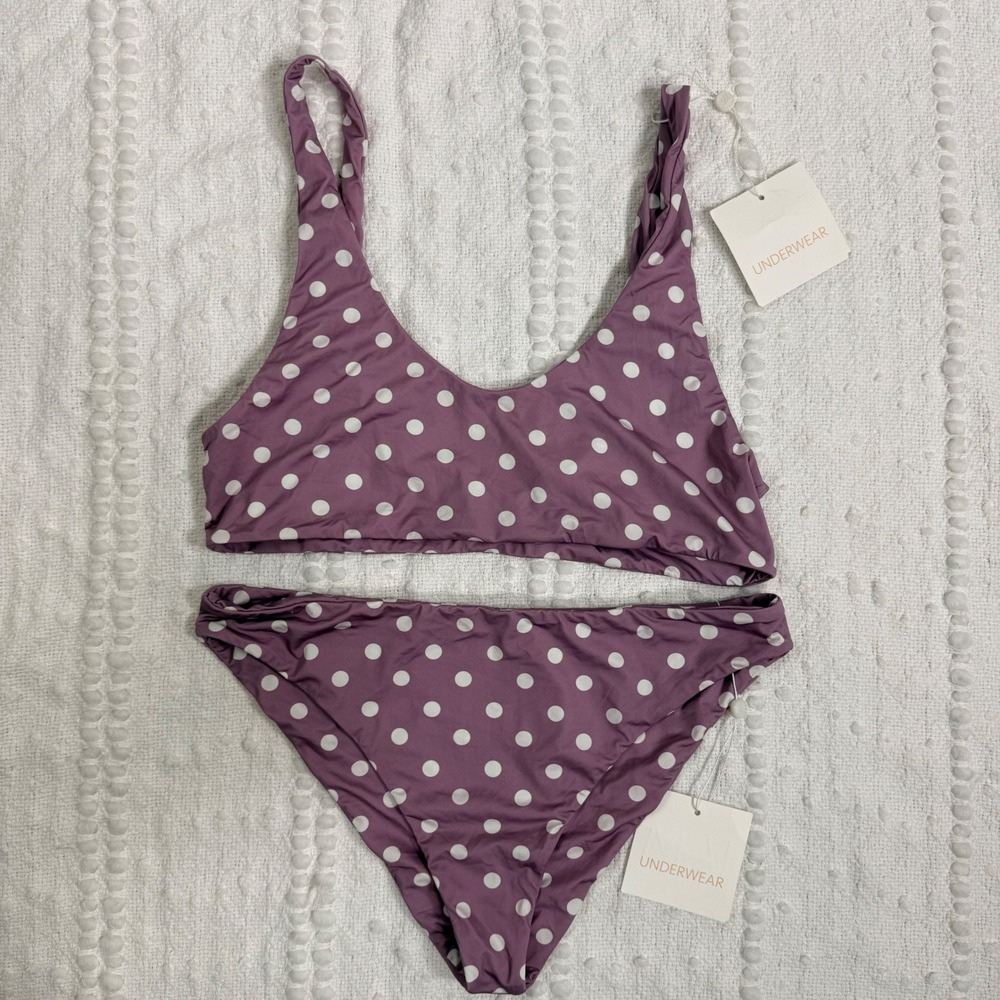 Mai Deluxe Bonita Lilac Polka Dot Bikini Set Scoop Neck Top Bottoms XL NEW